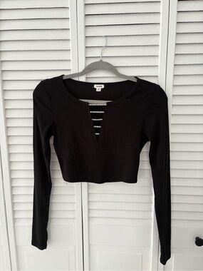 Garage Black Long-Sleeve Cropped Top with Rhinestone-Trim V-Notch